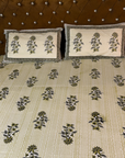 Beige & Olive Floral Cotton Bedsheet with 2 Pillow Covers | Elegant Ethnic Printed Double Bed Bedding Set - FaagHomes