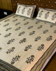 Beige & Olive Floral Cotton Bedsheet with 2 Pillow Covers | Elegant Ethnic Printed Double Bed Bedding Set - FaagHomes