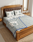 Blue Floral Cotton Dohar Set with Bedsheet – 4 PC Double Bed