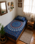 Saanjh Indigo Mandala Single Bedsheet with Pillow Cover