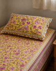 Mustard Floral Vine Printed Single Bedsheet with Pillow Cover