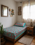Aqua Bloom Floral Hand Block Print Single Bedsheet with Pillow Cover – 60×90 Inch
