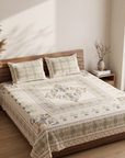 Mario Print Pastel Beige & Green Geometric Cotton Bedsheet With Pillow Covers – Soft Breathable Double Bed Sheet Set | Modern Ethnic Design - FaagHomes