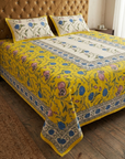 Yellow Floral Printed Cotton Bedsheet with 2 Pillow Covers | Ethnic Handblock Style Double Bed Bedding Set