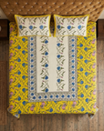 Yellow Floral Printed Cotton Bedsheet with 2 Pillow Covers | Ethnic Handblock Style Double Bed Bedding Set