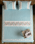 Aqua Blue Floral Striped Cotton Bedsheet Set with 2 Pillow Covers | Soft Double Bed Bedding Set