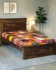 Handmade Kantha Single Bed Bedsheet | Multicolour Patchwork Cotton Bedspread | Traditional Indian Handcrafted Quilt
