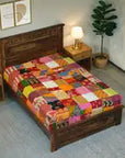 Handmade Kantha Single Bed Bedsheet | Multicolour Patchwork Cotton Bedspread | Traditional Indian Handcrafted Quilt