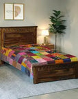 Handmade Kantha Single Bed Bedsheet | Multicolour Patchwork Cotton Quilt | Reversible Boho Indian Bedspread