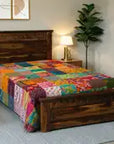 Handmade Multicolor Kantha Bedsheet for Single Bed | Patchwork Cotton Bedspread | Colorful Indian Handmade Bedding