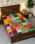 Handmade Multicolor Kantha Bedsheet for Single Bed | Patchwork Cotton Bedspread | Colorful Indian Handmade Bedding