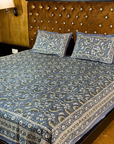 Premium Cotton Floral Print Double Bedsheet with 2 Pillow Covers – Elegant Blue Handblock Style Bed Sheet Set for Queen & King Size Beds - FaagHomes