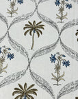 A close-up of a fabric or wallpaper pattern featuring palm trees and blue flowers arranged in an interlocking trellis design on a light cream background.