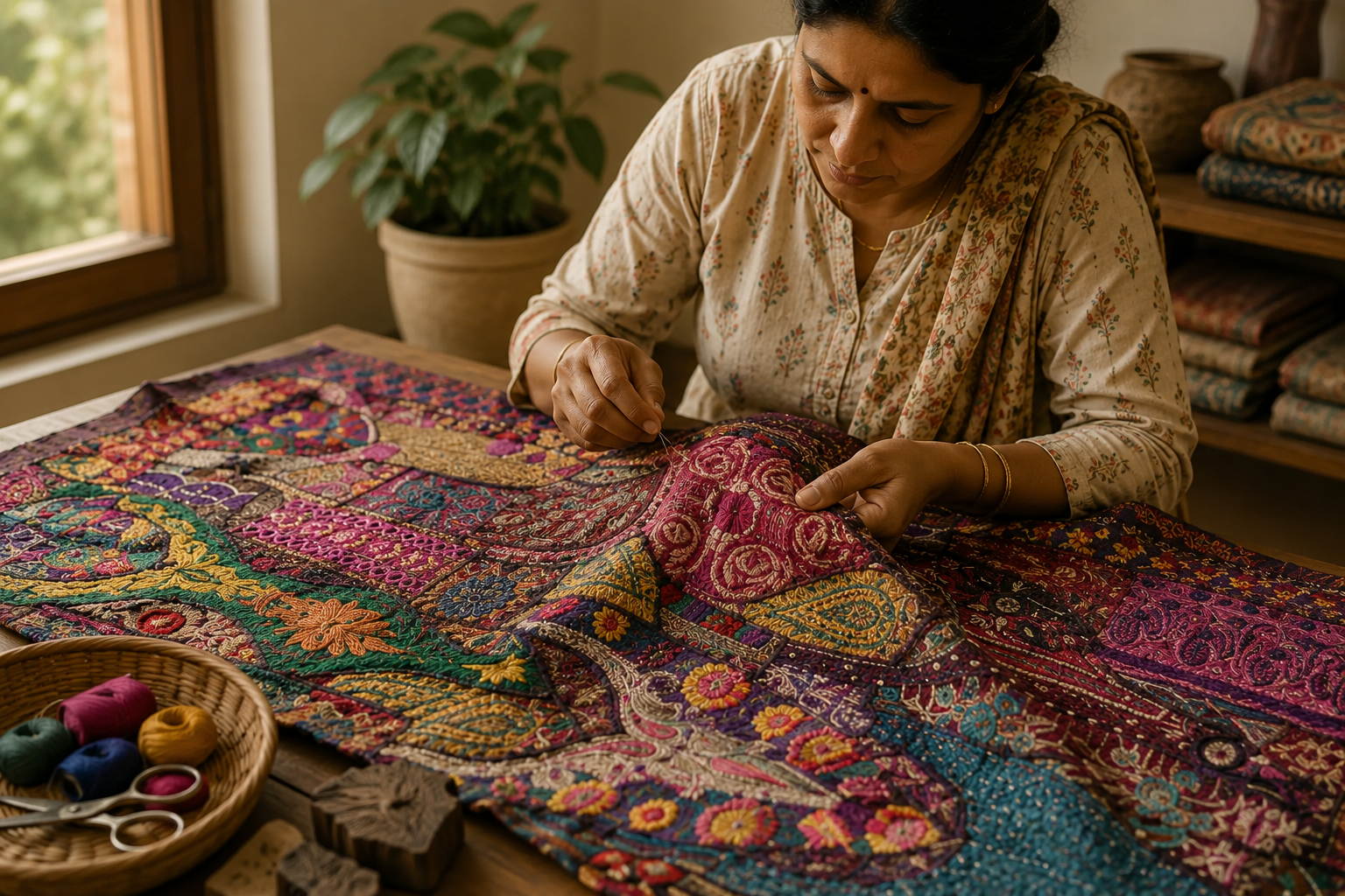 Handmade embroidered patchwork tapestry