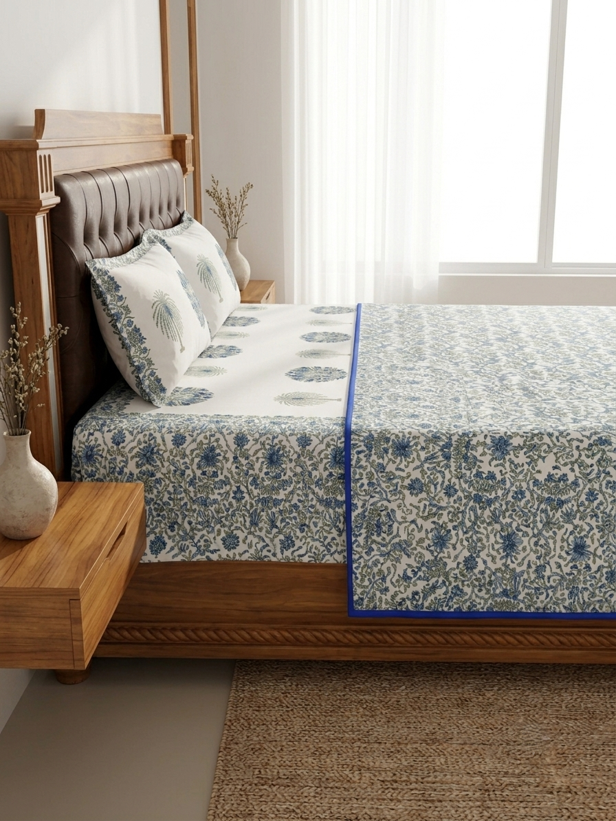 Blue Floral Cotton Dohar Set with Bedsheet – 4 PC Double Bed