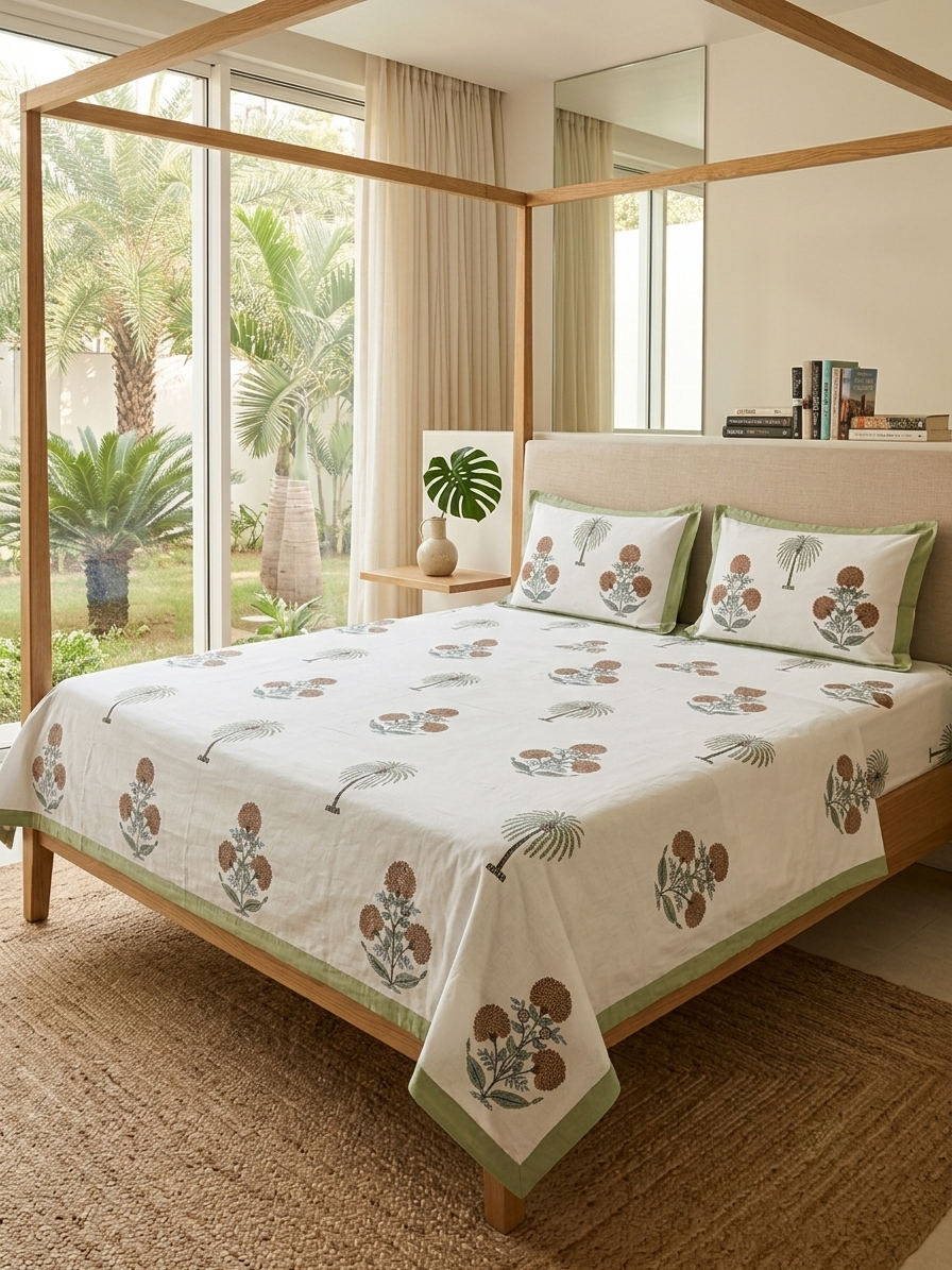 A bed dressed in a white cotton sheet and matching pillowcases with a green and brown botanical print, styled in a modern bedroom with a wooden canopy bed, large windows, and a view of palm trees outside.
