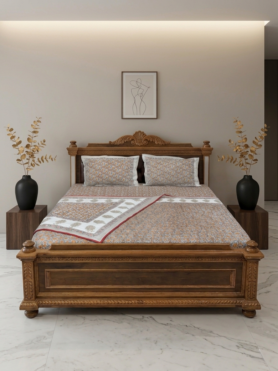 A fully made bed with a patterned beige and orange bedding set, set against a dark carved wooden bed frame. The bed is flanked by two black side tables with dried plants in black vases, set against a warm beige wall with a minimalist art print.