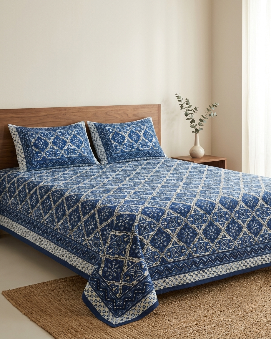 Royal Indigo Tile Pure Cotton King Size Bedsheet And Two Pillow Covers 90 X 100 Inches - FaagHomes