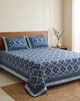 Royal Indigo Tile Pure Cotton King Size Bedsheet And Two Pillow Covers 90 X 100 Inches - FaagHomes