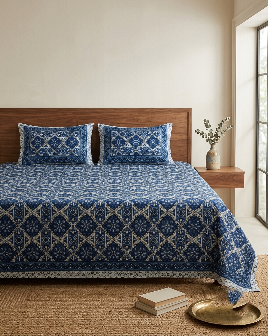 Royal Indigo Tile Pure Cotton King Size Bedsheet And Two Pillow Covers 90 X 100 Inches - FaagHomes