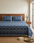 Royal Indigo Tile Pure Cotton King Size Bedsheet And Two Pillow Covers 90 X 100 Inches - FaagHomes