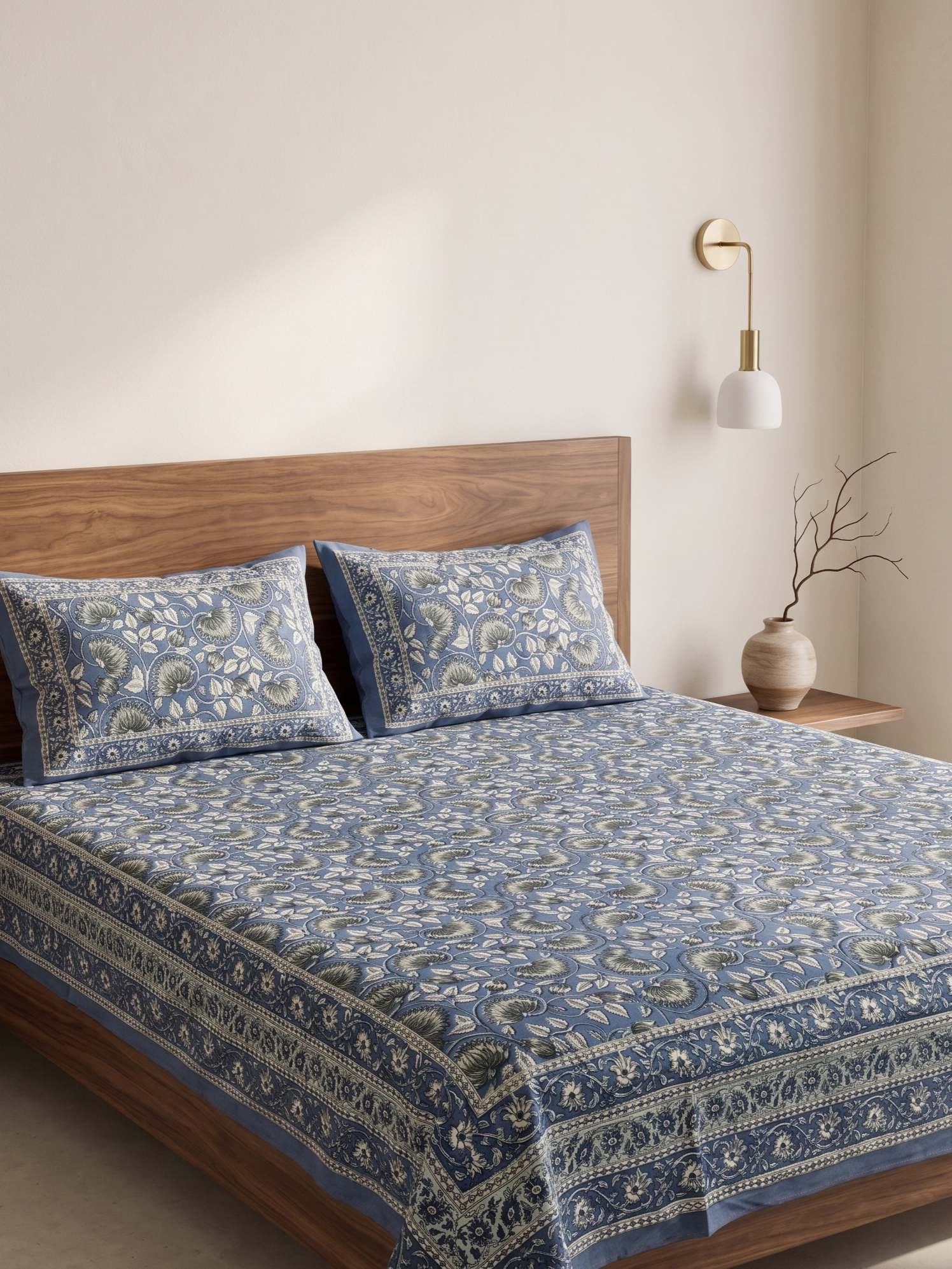 Premium Cotton Floral Print Double Bedsheet with 2 Pillow Covers – Elegant Blue Handblock Style Bed Sheet Set for Queen & King Size Beds - FaagHomes