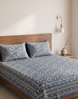 Premium Cotton Floral Print Double Bedsheet with 2 Pillow Covers – Elegant Blue Handblock Style Bed Sheet Set for Queen & King Size Beds - FaagHomes