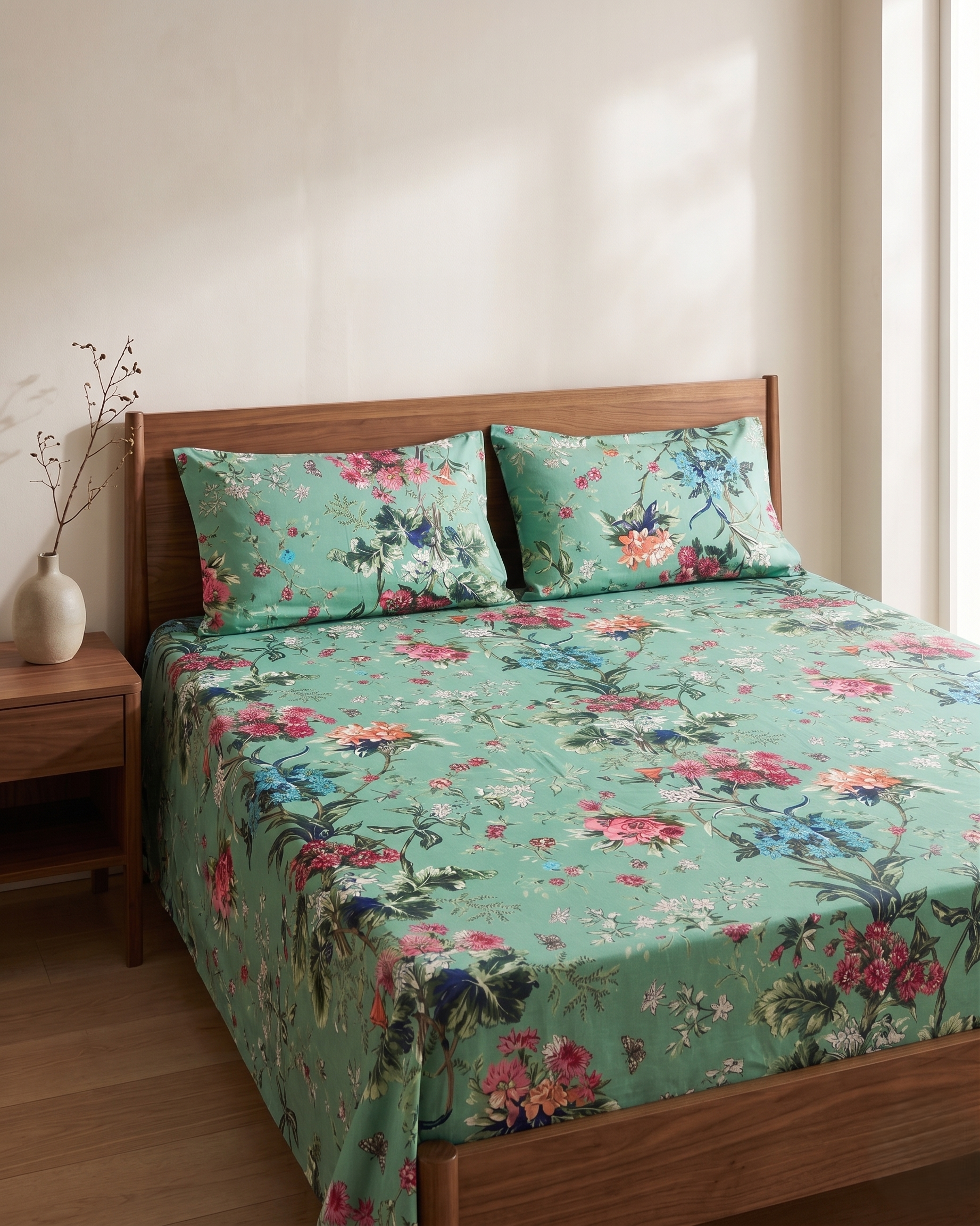Premium Mint Green Floral Bedsheet Set with 2 Pillow Covers | Elegant Printed Bedding Set for Bedroom