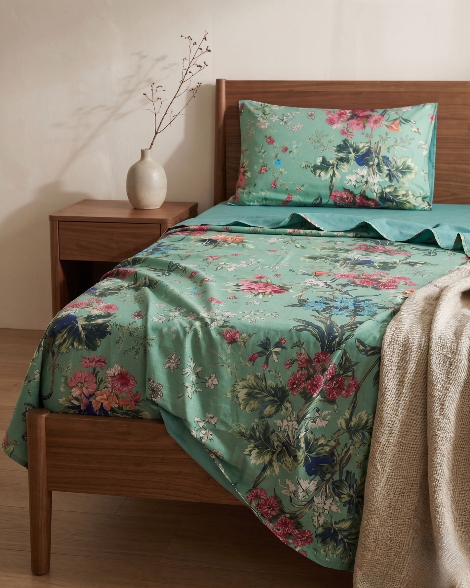 Premium Mint Green Floral Bedsheet Set with 2 Pillow Covers | Elegant Printed Bedding Set for Bedroom - FaagHomes