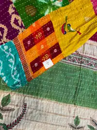 Handmade Kantha Single Bed Bedsheet | Multicolour Patchwork Cotton Quilt | Reversible Boho Indian Bedspread
