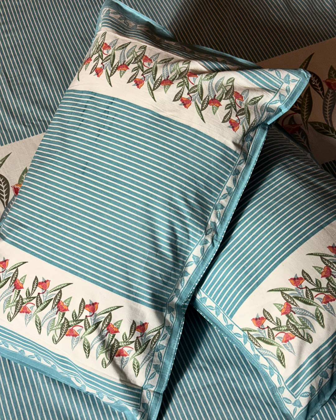 Aqua Blue Floral Striped Cotton Bedsheet Set with 2 Pillow Covers | Soft Double Bed Bedding Set - FaagHomes