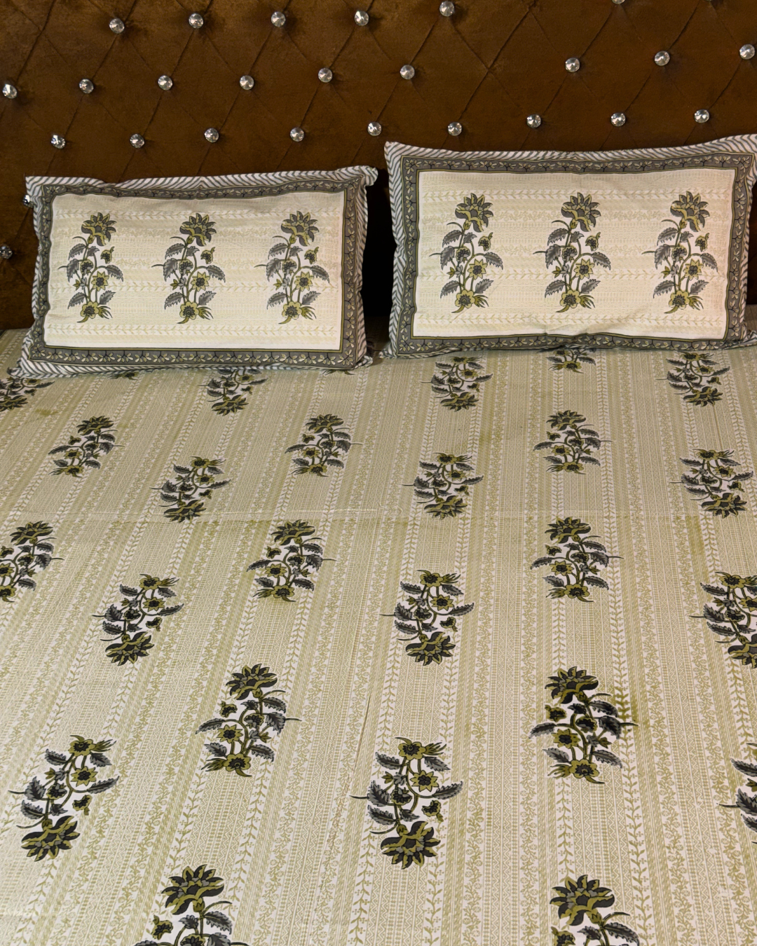Beige & Olive Floral Cotton Bedsheet with 2 Pillow Covers | Elegant Ethnic Printed Double Bed Bedding Set - FaagHomes