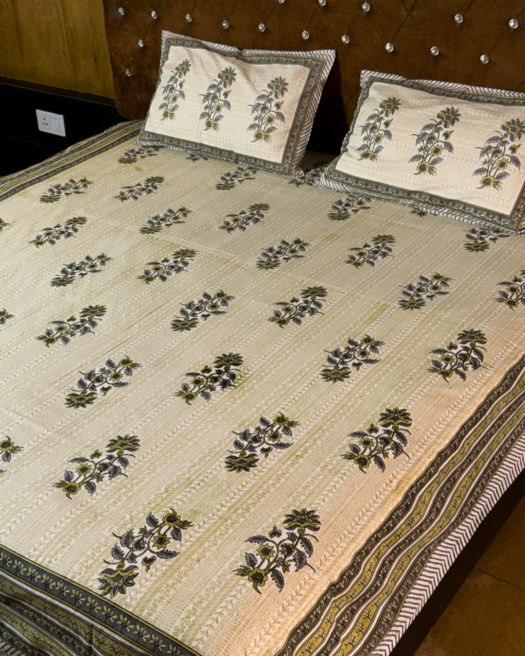 Beige & Olive Floral Cotton Bedsheet with 2 Pillow Covers | Elegant Ethnic Printed Double Bed Bedding Set - FaagHomes