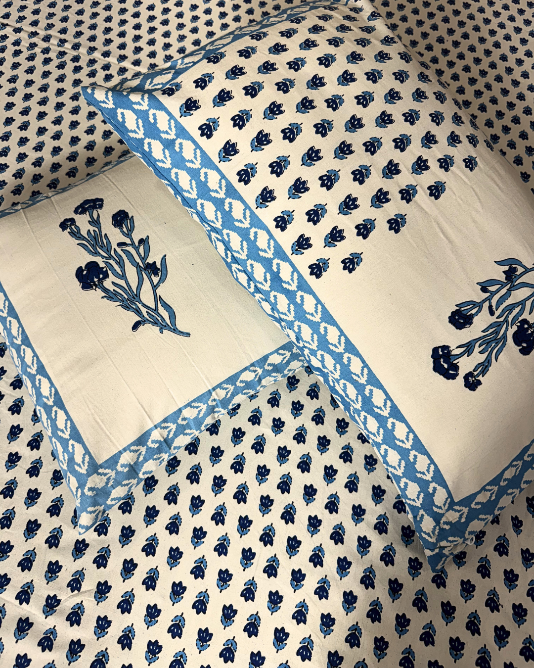 Blue Floral Printed Cotton Bedsheet Set with 2 Pillow Covers | Elegant Handblock Style Bedding Set - FaagHomes