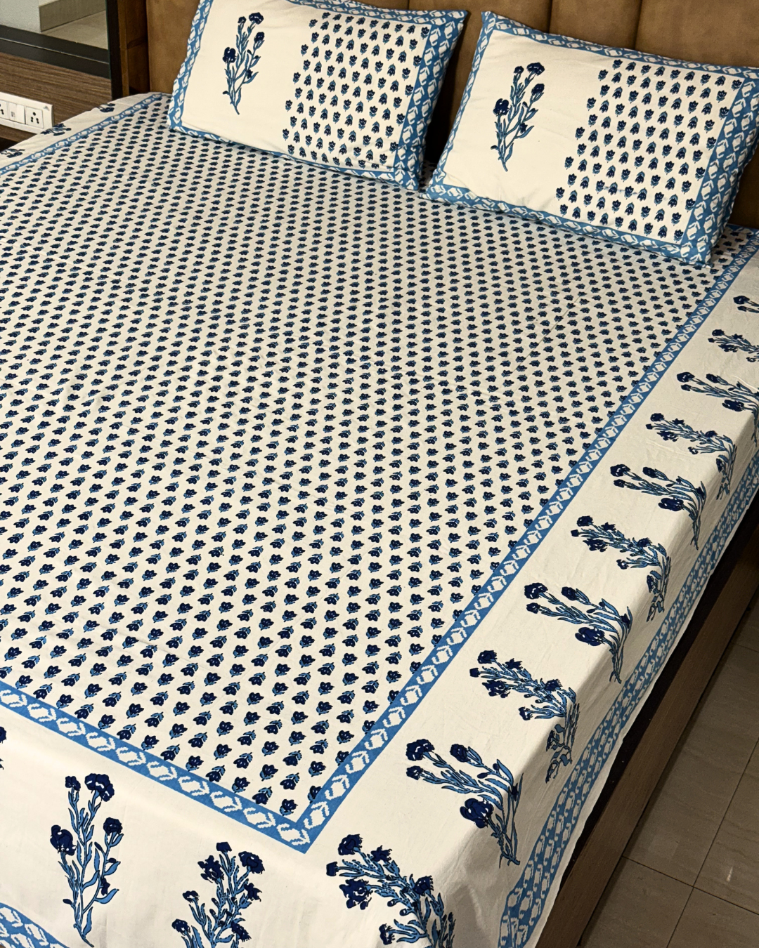 Blue Floral Printed Cotton Bedsheet Set with 2 Pillow Covers | Elegant Handblock Style Bedding Set - FaagHomes