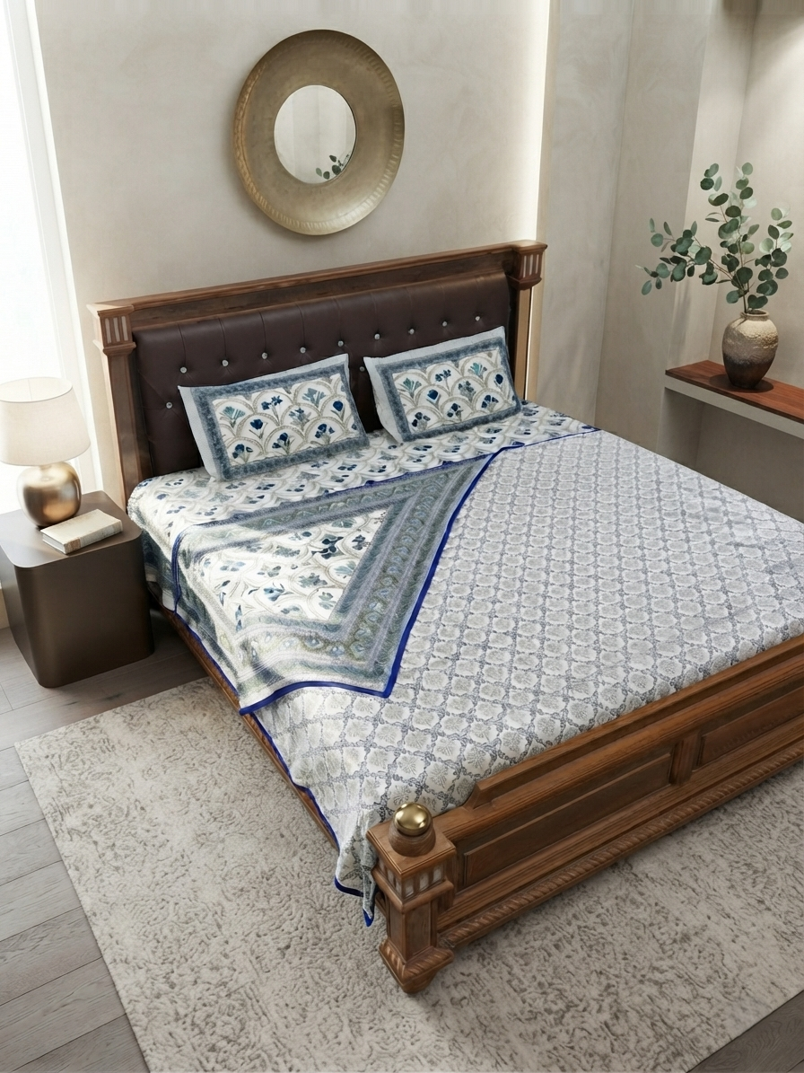 Blue & White Floral Cotton Dohar Set with Bedsheet – 4 PC Double Bed