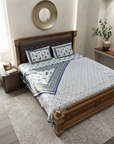 Blue & White Floral Cotton Dohar Set with Bedsheet – 4 PC Double Bed