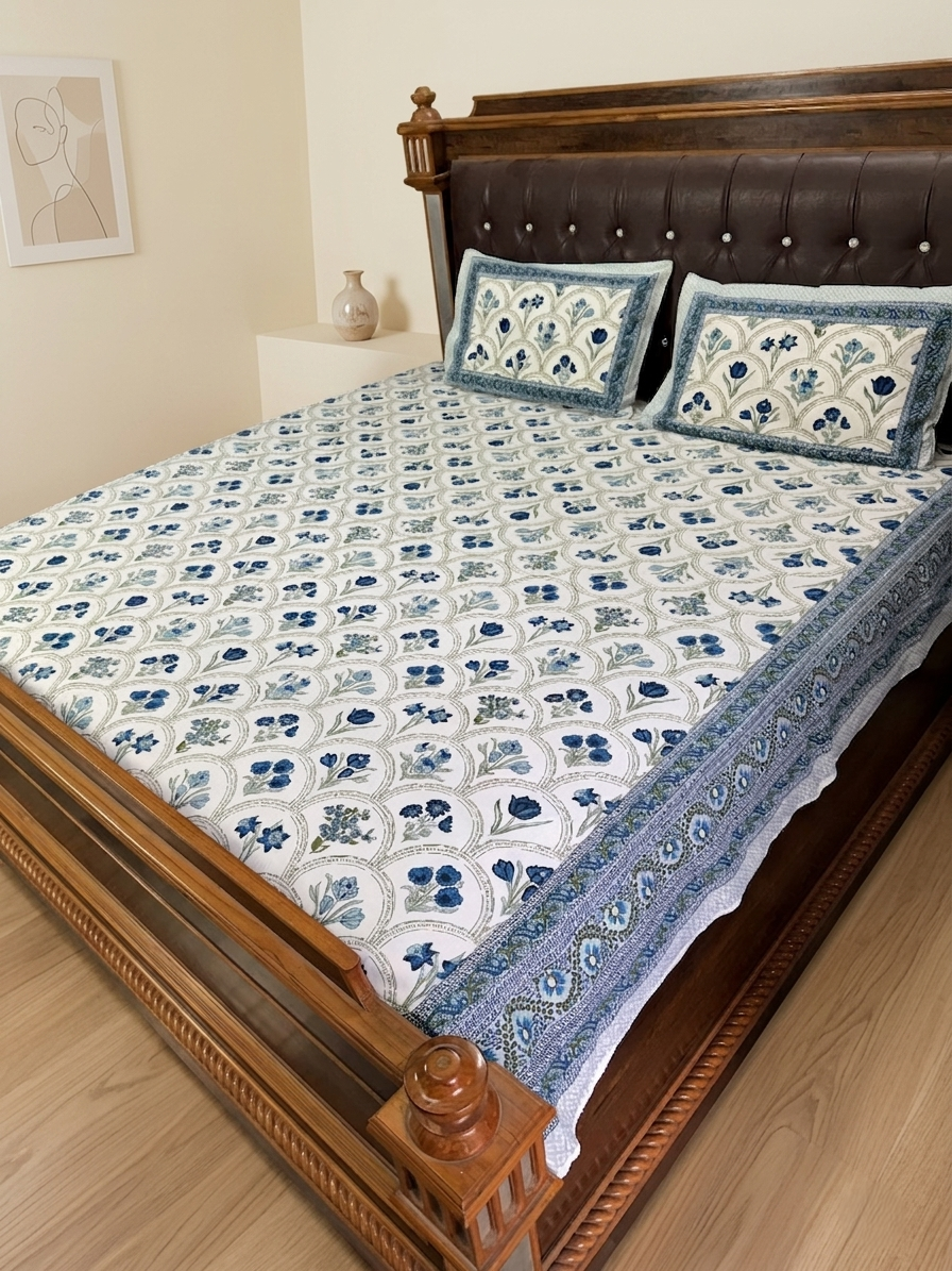 A bed dressed in a white quilted bedspread and matching pillowcases with a blue floral and paisley pattern, set in a bedroom with a dark brown tufted wooden headboard and light wood flooring.