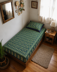 Green Traditional Paisley Single Bedsheet with Pillow Cover | 60 × 90 Inches | Elegant Printed Cotton Bedsheet