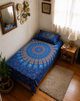 Royal Blue Mandala Printed Single Bedsheet with Pillow Cover | 60 × 90 Inches | Bohemian Ethnic Pattern Bedsheet
