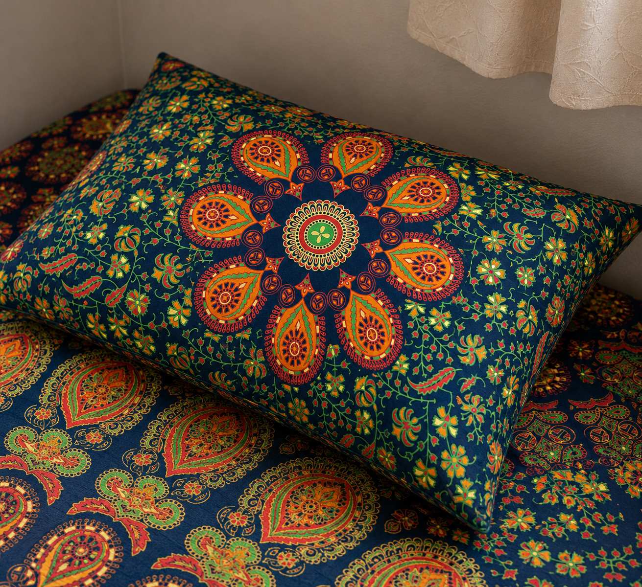 Multicolor Mandala Printed Single Bedsheet with Pillow Cover | 60 × 90 Inches | Bohemian Ethnic Floral Bedsheet
