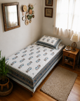 Ivory Blue Floral Border Single Bedsheet with Pillow Cover