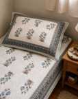 Ivory Blue Floral Border Single Bedsheet with Pillow Cover
