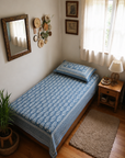 Indigo Blue Floral Stripe Single Bedsheet with Pillow Cover