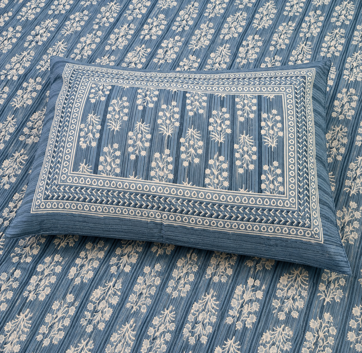 Indigo Blue Floral Stripe Single Bedsheet with Pillow Cover