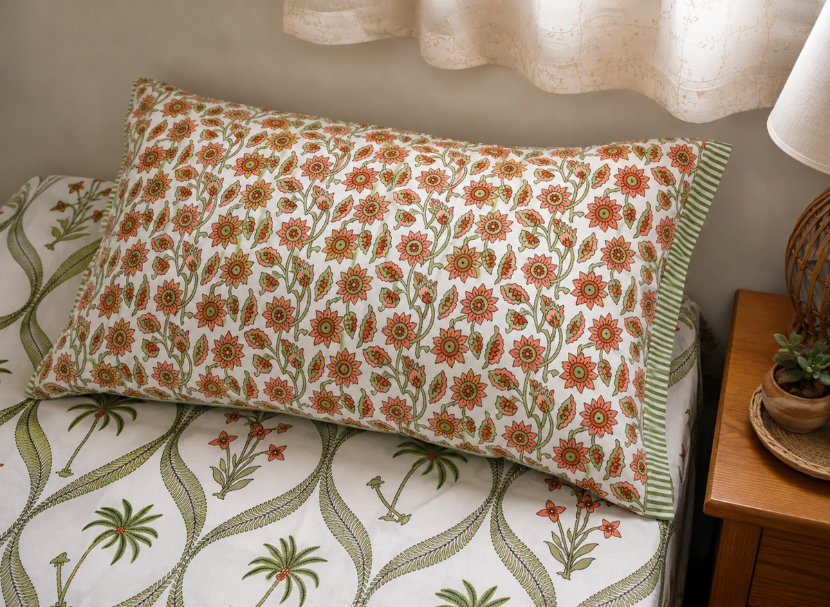 Green Floral Vine Printed Single Bedsheet with Pillow Cover