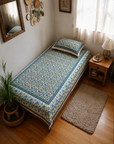 Blue Floral Paisley Printed Single Bedsheet with Pillow Cover – 60×90 Inches