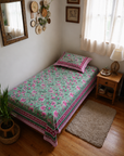 Mint Green Floral Printed Single Bedsheet with Pillow Cover – 60 x 90 Inch