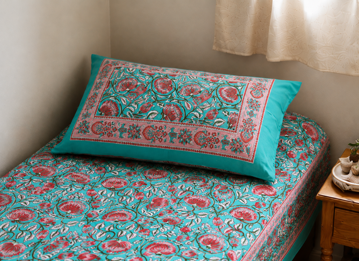 Aqua Bloom Floral Hand Block Print Single Bedsheet with Pillow Cover – 60×90 Inch