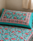 Aqua Bloom Floral Hand Block Print Single Bedsheet with Pillow Cover – 60×90 Inch